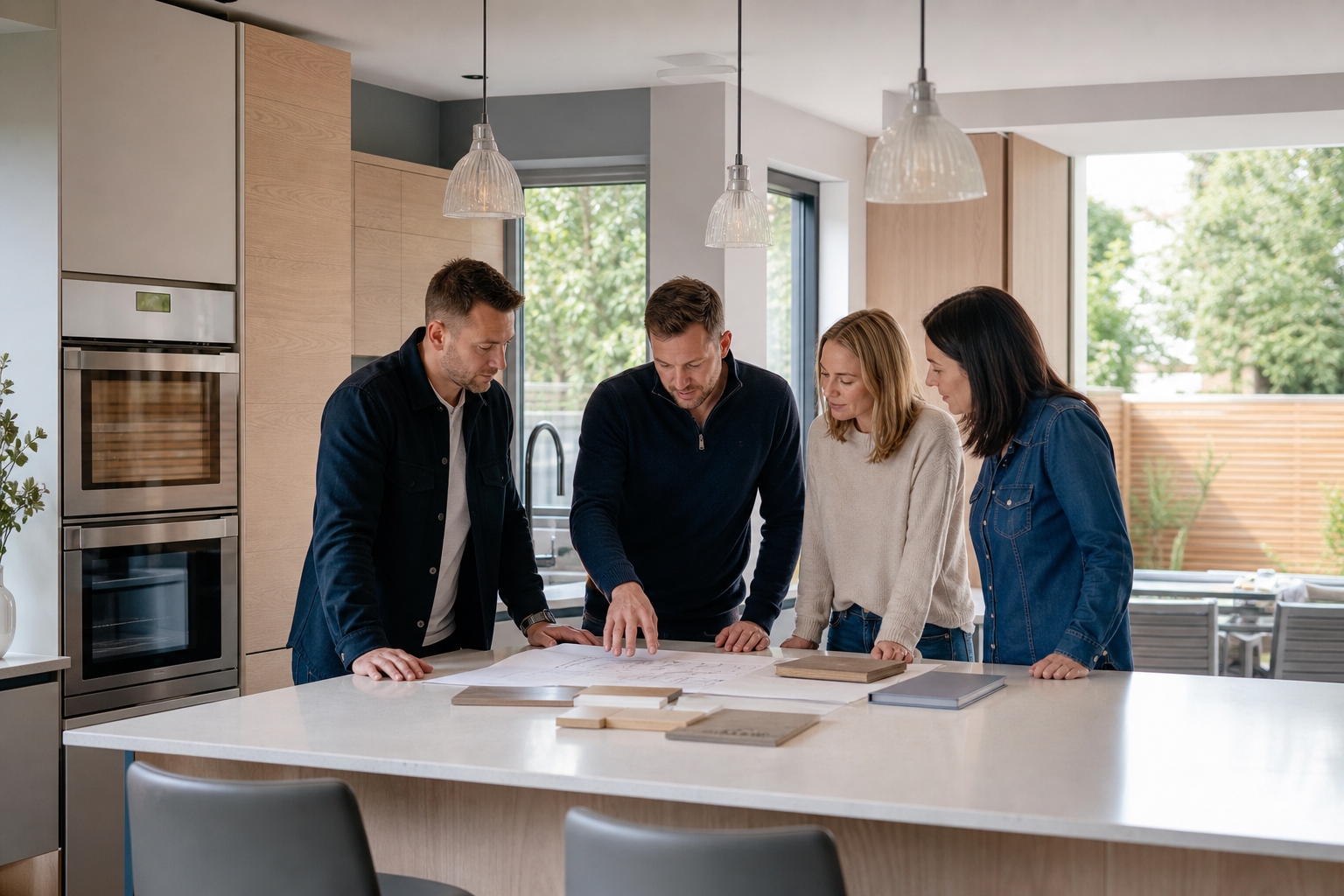 Homeowners and members of the Opulent Home Group team reviewing renovation plans in a kitchen