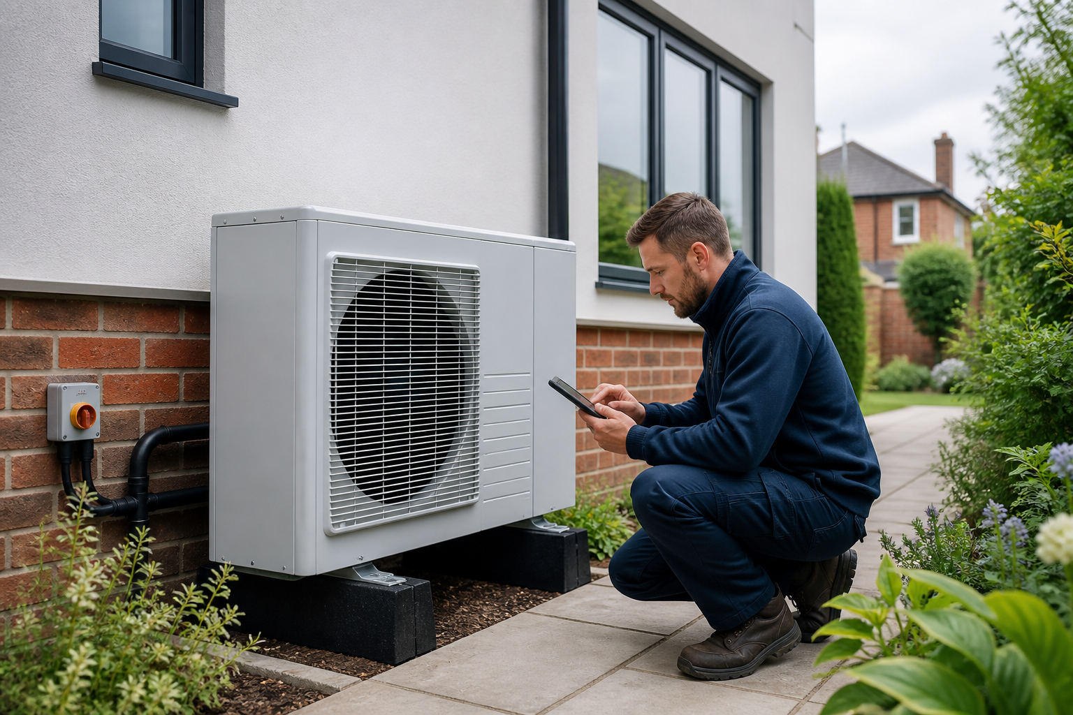 Heating engineer commissioning an air source heat pump beside a British home