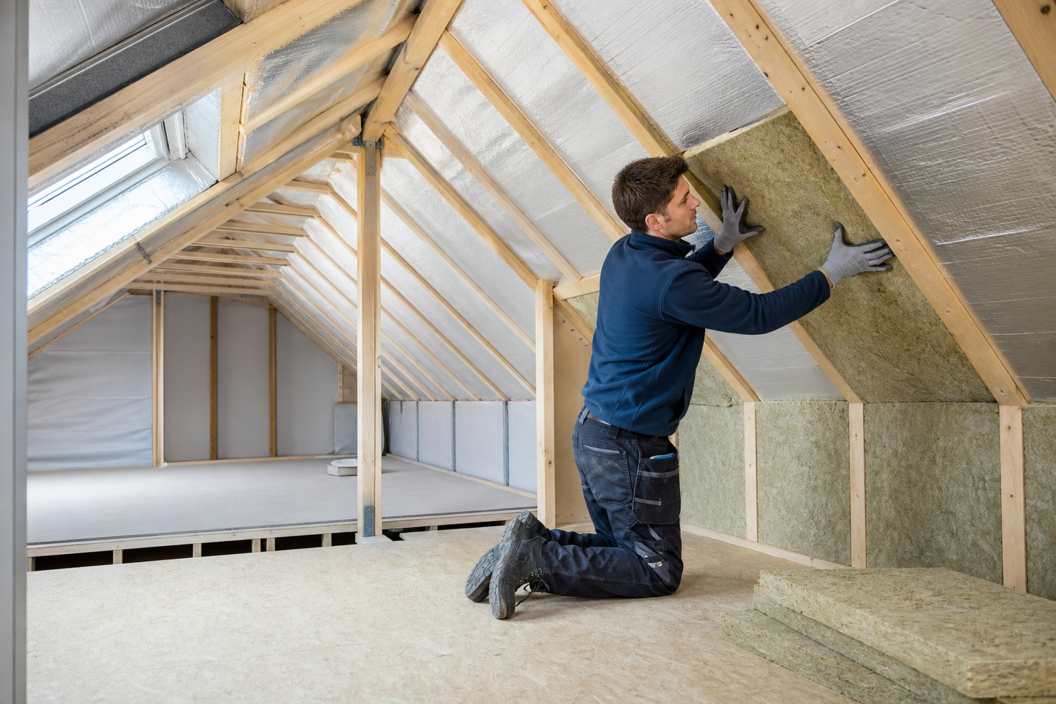 Installer fitting mineral wool insulation between roof rafters