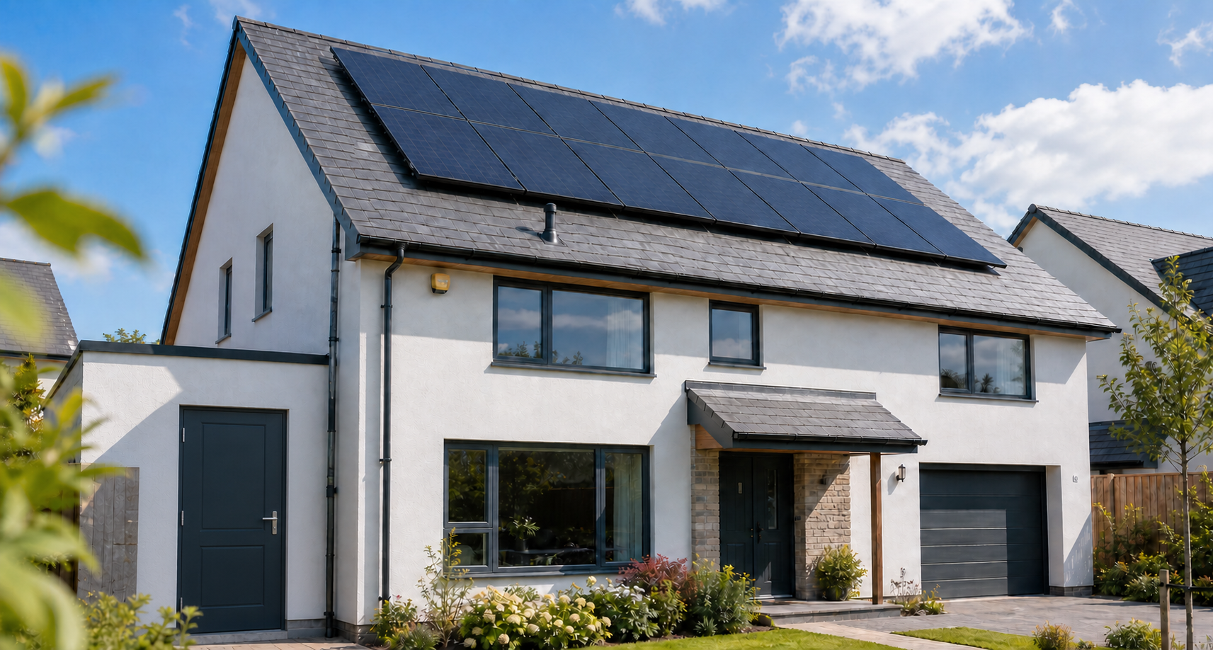 Solar panels installed neatly on a modern British home